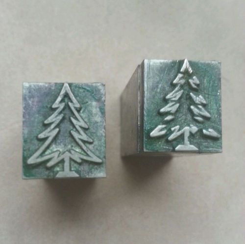 Vintage lead Printing Block letterpress Christmas trees evergreen