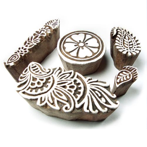Hand carved floral pattern wooden block printing design tags (set of 5) for sale
