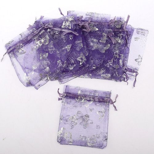 100pcs butterfly Gauze Organza Wedding Jewelry Bag party 7x9CM light purple