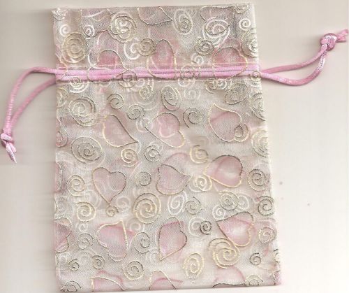 Pink Sheer Swirly Love Hearts Pattern Satin Mesh Organza Gift Bag (Pack of 25)