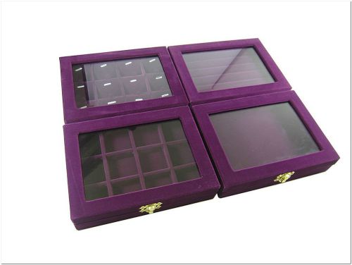 Lot of 4 Purple Ring Pendant Compartment Jewelry Glass Top Lid Display Boxes