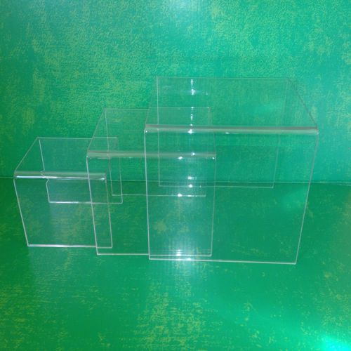 Clear Acrylic Product Display Stands Set of 12 Risers Sizes 6&#034;, 8&#034; &amp; 10&#034;