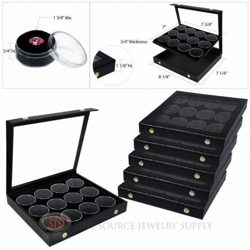 (6) Black 12 Gem Jar Inserts w/ Snap Acrylic Display Cases Gemstone Jewelry