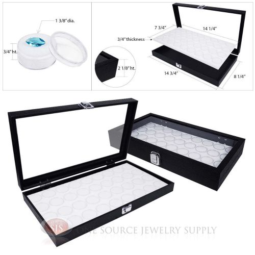 (2) black wooden glass top display cases w/ 2 white 36 gem jar gemstone inserts for sale