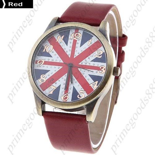 Union jack British Flag PU Leather Lady Ladies Quartz Wristwatch Women&#039;s Red