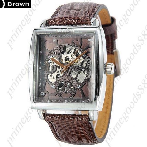 Square PU Leather Strap See Through Auto Mechanical Wrist Men&#039;s Wristwatch Brown
