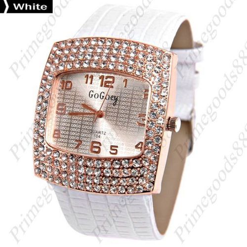 Square Case PU Leather Quartz Rhinestones Lady Ladies Wristwatch Women&#039;s White