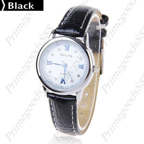 Round Synthetic Leather Strap Lady Ladies Quartz Wristwatch Women&#039;s Black