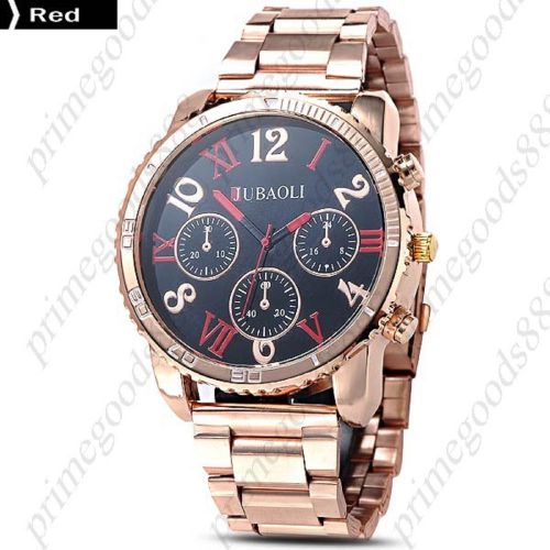 Big Case Wide Rose Gold Golden Wrist Sub Dial Wristwatch Quartz Analog Men&#039;s Red