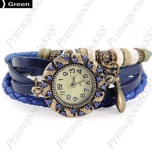 Crook Beads Purse Rhinestone PU Leather Lady Ladies Wristwatch Women&#039;s Blue