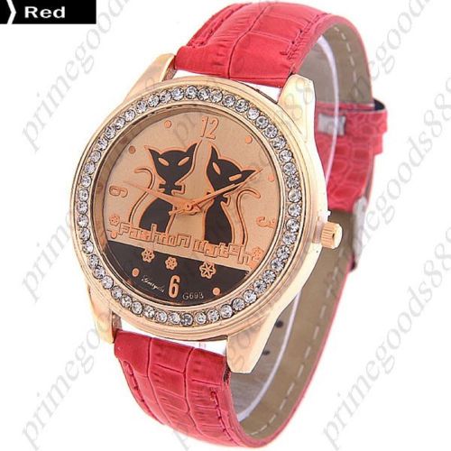 Cat Cats Rhinestones PU Leather Quartz Lady Ladies Wristwatch Women&#039;s Red