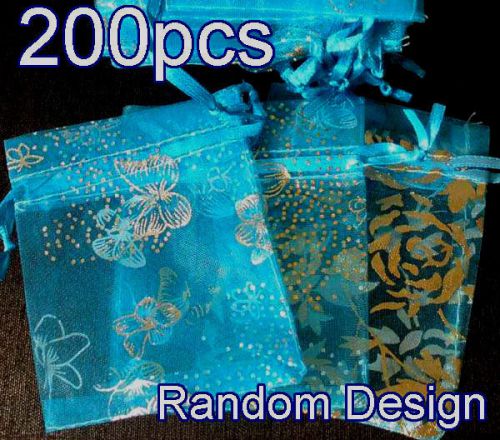 200x Random Design Baby Blue Organza Bag Pouch for Gift 7x9cm(2.7x3.5inch) TST