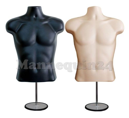 2 pcs- male torso mannequin forms (black &amp; flesh)+ metal stands &amp; hanging hooks for sale