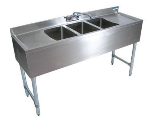 Stainless Steel 60&#034; Underbar Bar Sink 3 Compartment with Two Drainboards NSF