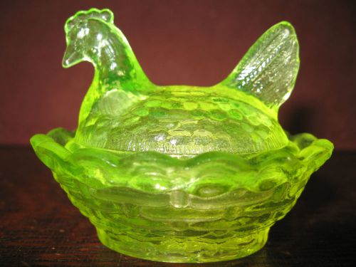 Vaseline glass salt celt hen chicken on nest basket dish rooster uranium yellow