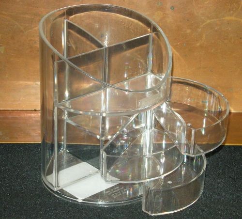 Desktop pencil cup 3 compartments &amp; 3 swivel drawers clear plastic gently used for sale