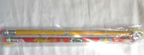 2 LARGE JUMBO PENCILS WITH REMOVABLE ERASERS ONE SHARPENER RED SEA HORSE FISHES
