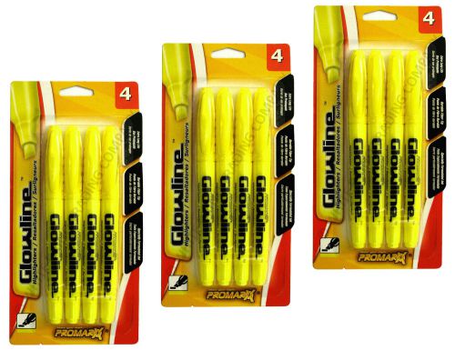 3 Packs of 4 - ProMarx Glowline Yellow Chisel-Tip Highlighters