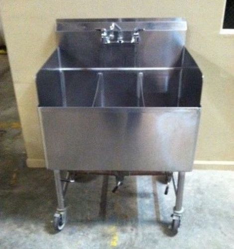 3 compartment sink, nsf,heavy gauge ss, 34&#034; x 25&#034; on casters, w/ faucet n drains for sale