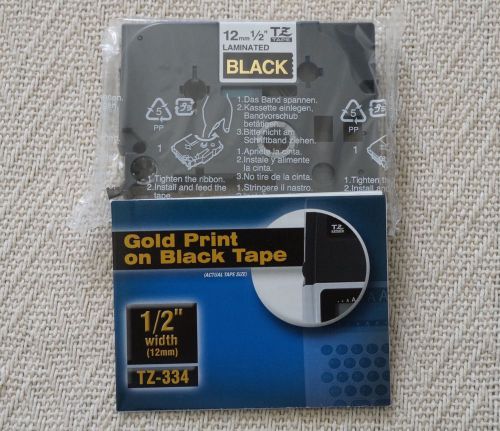 Brother tz-334 gold print on black tape 1/2w tz p-touch for sale