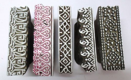 LOT OF 5 WOODEN HAND CARVED TEXTILE PRINTING FABRIC BLOCK STAMP BORDER DESIGNS
