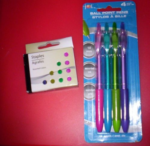 4 Ball Point Pens Assorted Ink Colors &amp; BOX OF ASSORTED COLORS  STANDARD STAPLES