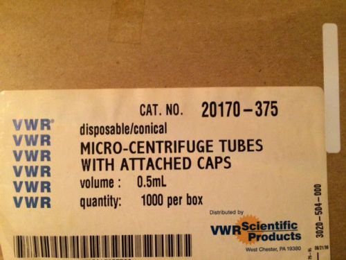 VWR 20170-375, Micro-Centrifuge Tubes with Attached Caps, 0.5mL, Box of 1000