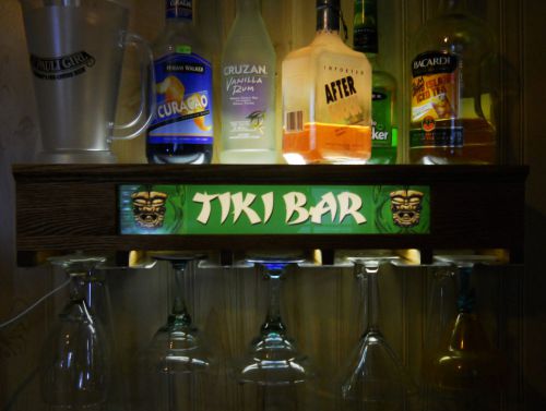 Wall mtd tiki bar 3-way lighted bottle display / glassware display shelf for sale