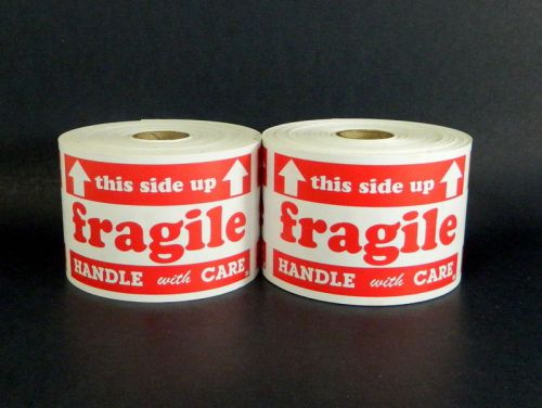 2 ROLLS 1000 LABELS THIS SIDE UP FRAGILE, HANDLE WITH CARE SIZE 5X3 Inches L010B