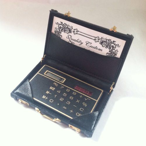 Vintage mini faux-leather black briefcase business card carrier black calculator for sale