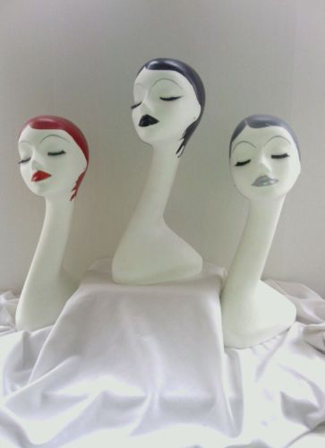 Set of 3 Hand Painted White Long Neck Styrofoam Mannequin Head Display, 19 inche