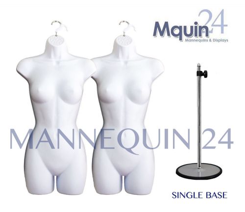 2 White FEMALE MANNEQUIN DRESS FORM + 1  METAL STAND &amp; 2 HANGERS WOMAN DISPLAY