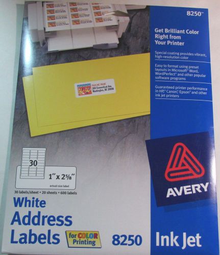 AVERY 8250 WHITE ADDRESS LABELS 1&#034; X 2 5/8&#034; EASY PEEL 20 SHEETS 600 LABELS NEW
