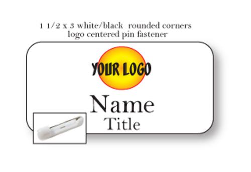 1 white black name badge color logo centered 2 lines of imprint pin fastener for sale