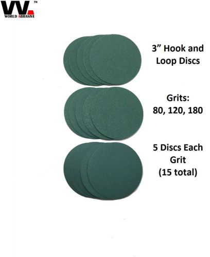 World abrasive 3&#034; no hole hook &amp; loop variety pack (5 each of 80, 120, 180) for sale