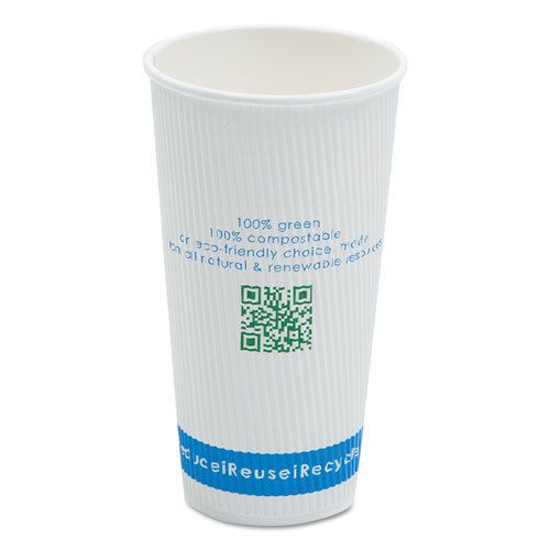 &#034;Compostable Insulated Ripple-Grip Hot Cups, 20oz, White, 50/pack&#034;