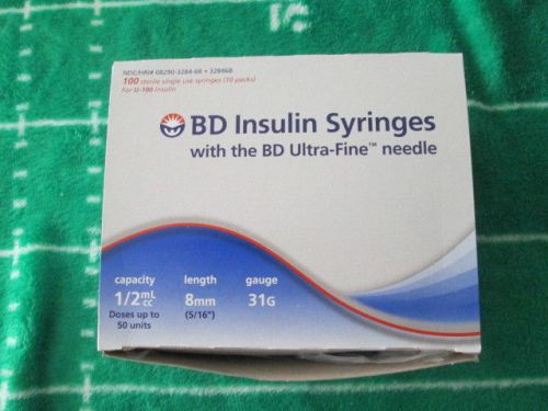 BD Insulin Syringes 1/2 mL ~8mm ~ 31G Ultra Fine  Needle ~ 100 count