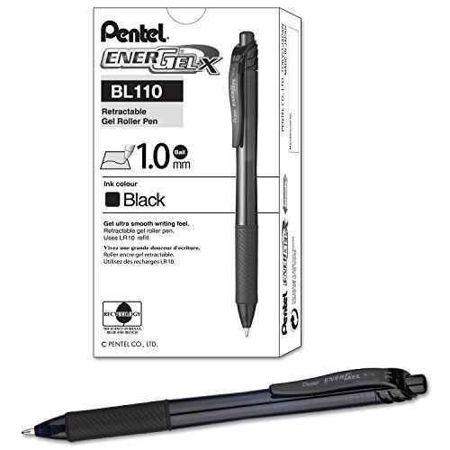Pentel EnerGel-X Retractable Liquid Gel Pen (1.0mm) Metal Tip, Black Ink, Box of