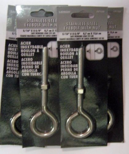 LOT OF 5 Stainless Steel Eye Bolts w/nuts - 5/16&#034; x 5-3/8&#034;
