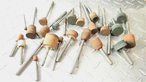 ASSORTED LOT OF 27 MOUNTED ABRASIVE STONES 1/4&#034; TO 1-1/8&#034; RADIAC