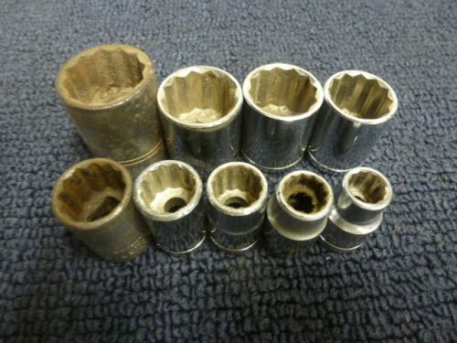 Lot of 9 assorted 1/2&#034; drive sockets, SAE used