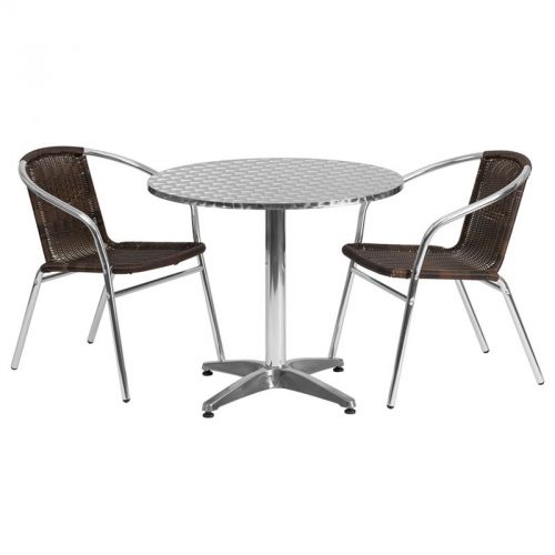 31.5&#039;&#039; Round Aluminum Indoor-Outdoor Table with 2 Rattan Chairs