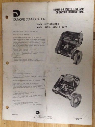 Dumore Series 57 Tool Post Grinder Operating Instructions and Parts List