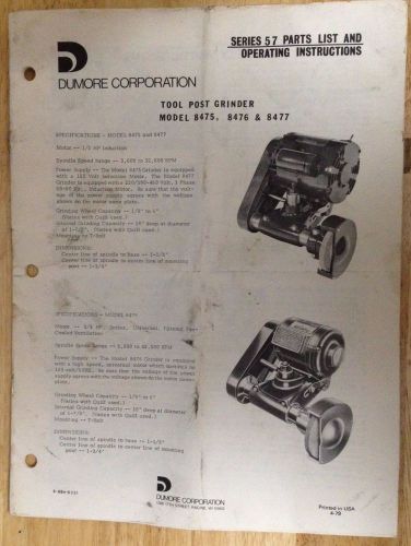 Dumore series 57 tool post grinder operating instructions and parts list for sale