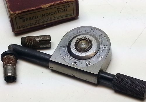 Old Millers Falls Company No. 440 shaft speed indicator with 2 rubber adapters