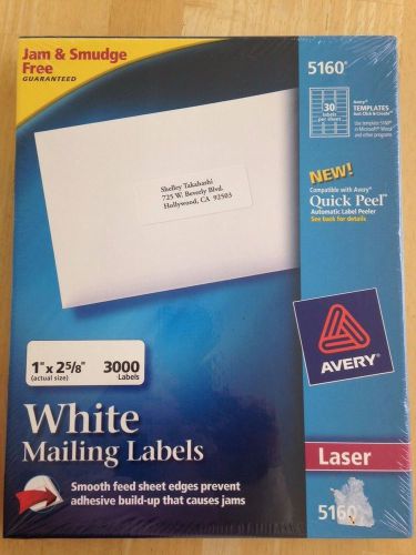 AVERY 5160 White LASER Mailing Labels - 3000 Labels, New &amp; Sealed QUICK PEEL