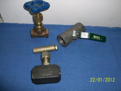 One lot of three valves, includes a ball valve, globe valve and needle valve for sale