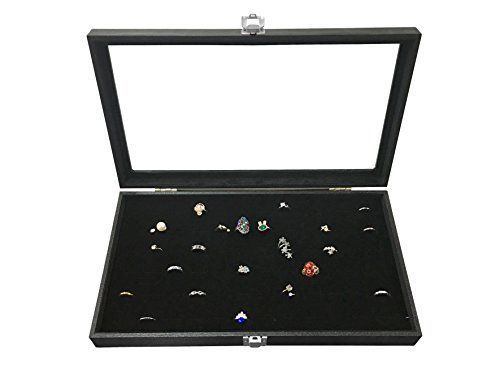 Sodynee Glass Top Black Jewelry Display Case 72 Slot Ring Tray Kit Gift Set