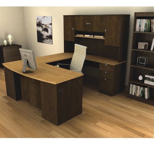 Maple &amp; Chocolate Modern U-Shaped Office Desk with Hutch Free Shipping!