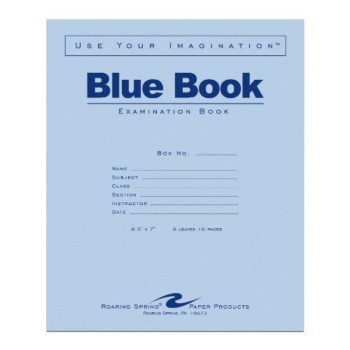 Roaring Spring Exam Blue Book, Margin Rule, 8-1/2 x 7 Inches, White, 8 Sht/16